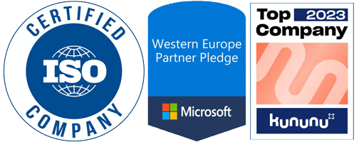 Logos: ISO Zertifiziert,Microsoft, Western Europe Partner Pledge, Kununu Top Company